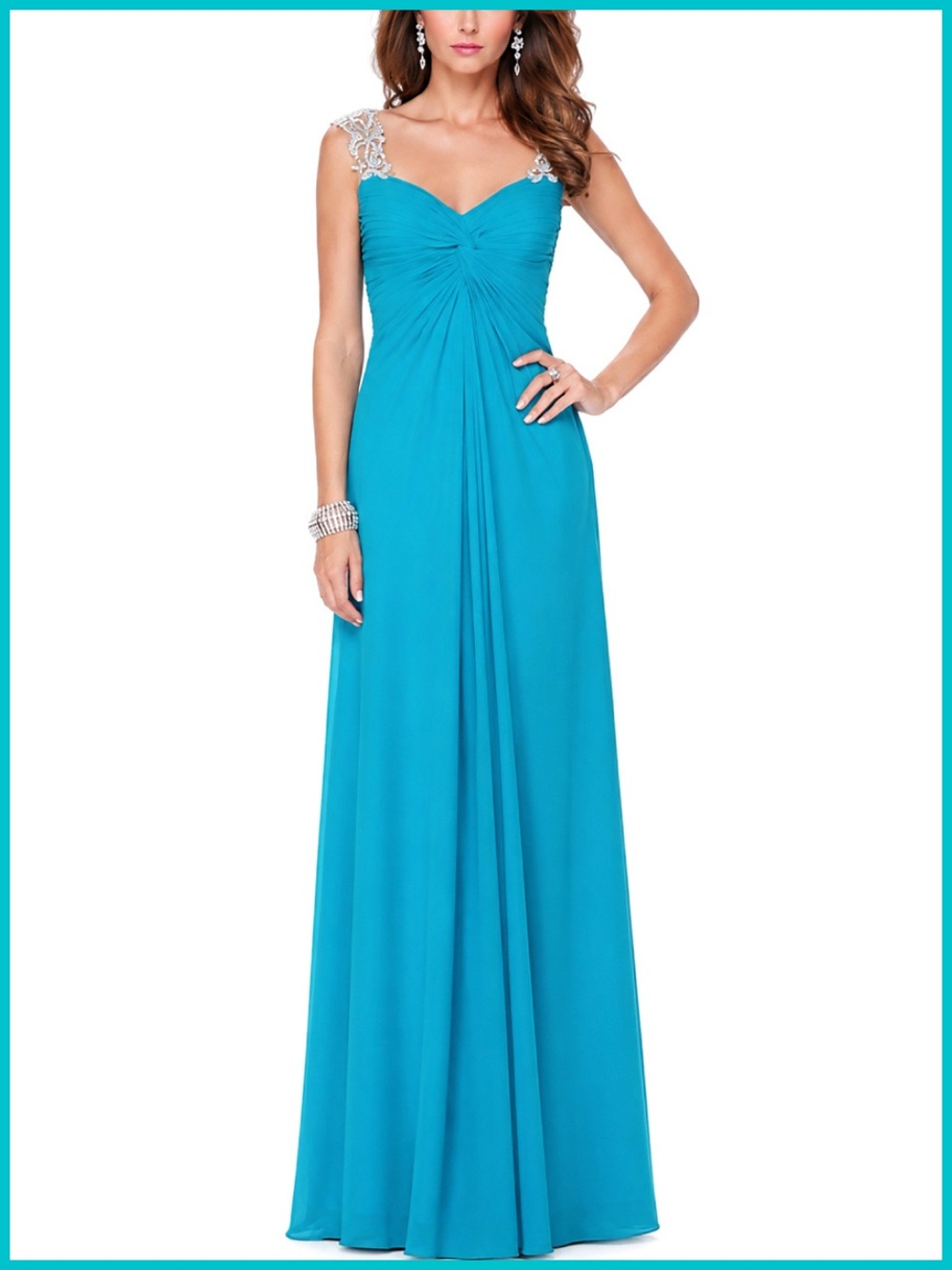 La Femme Peacock Blue Sleeveless Lace Gown | Dress
